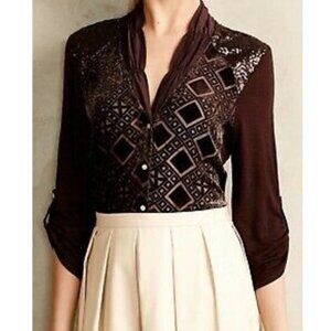 Anthropologie Tiny Leighton Velvet Buttondown Shirt medium brown purple
